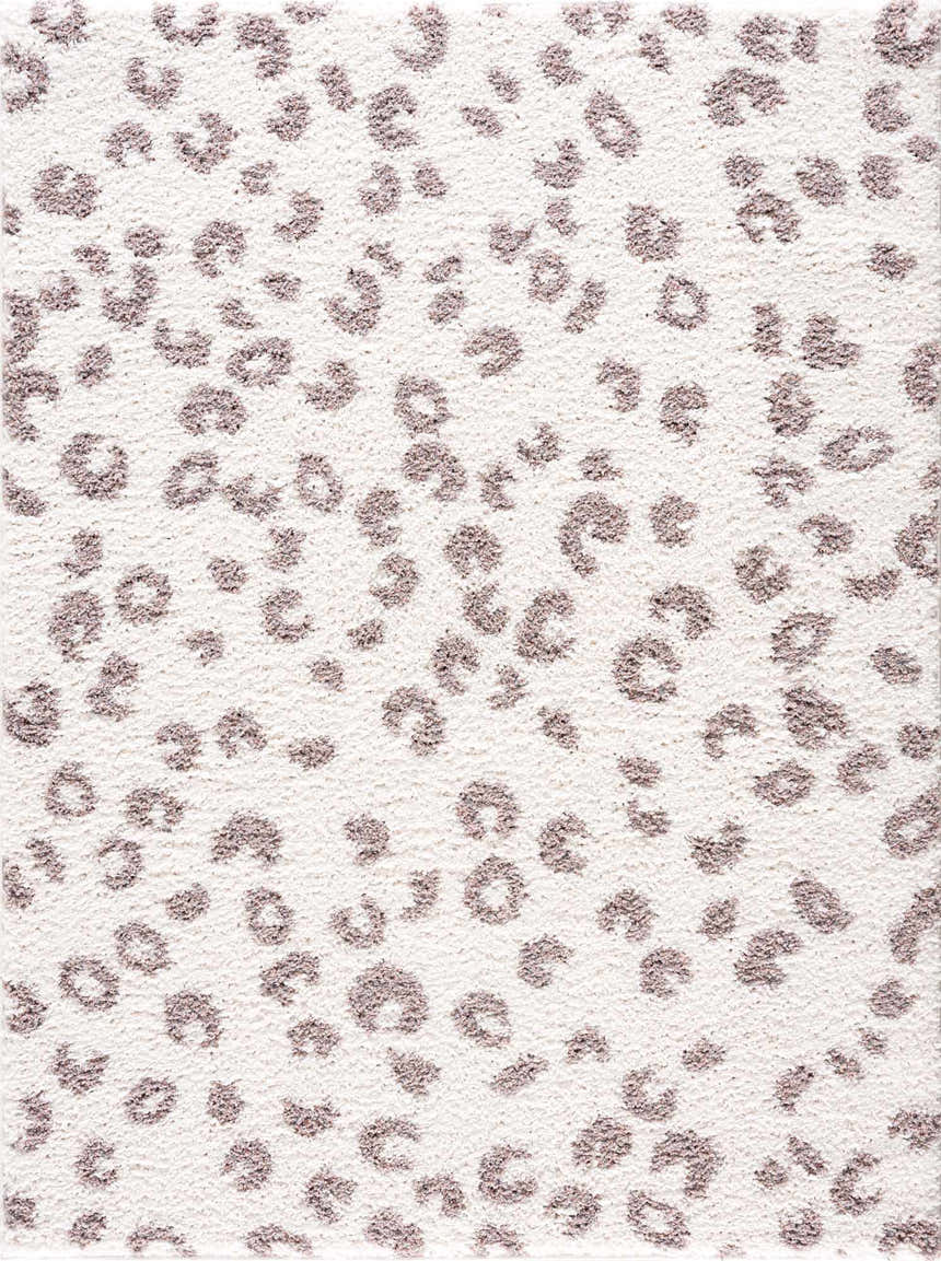 Close-up of Zhen Pink Spots Leopard Rug, featuring a soft, textured shag and a subtle pink and brown leopard print on off-white. Design-Rectangle-5373