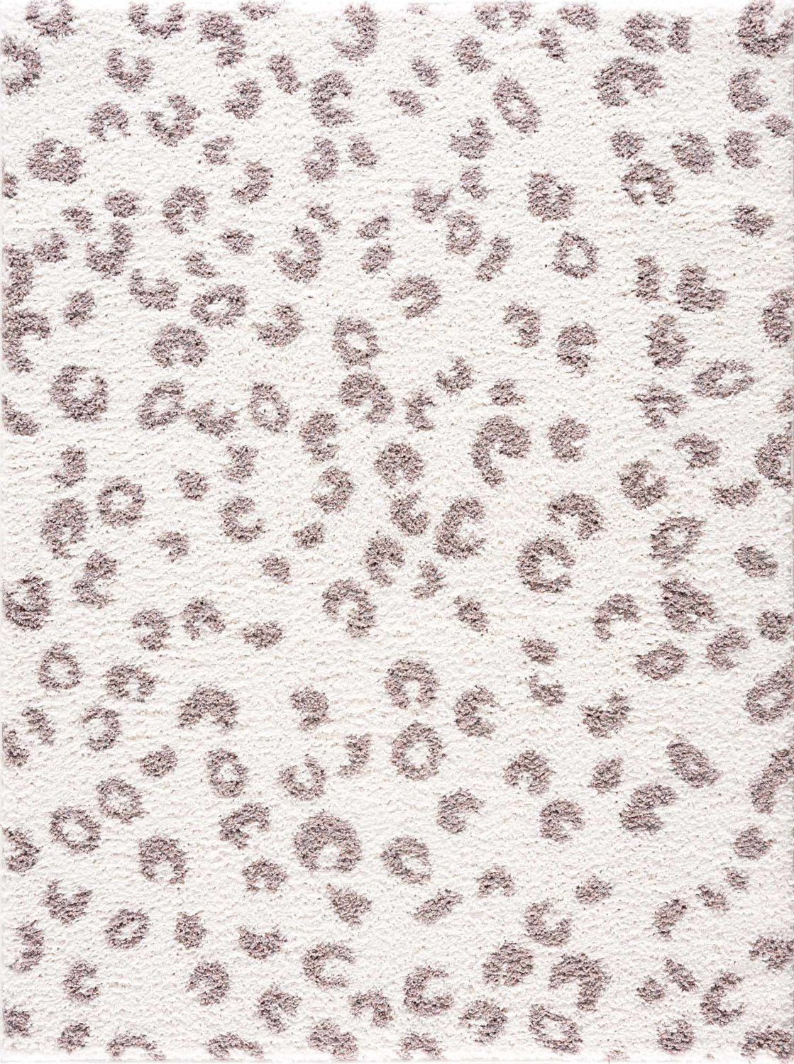 Close-up of Zhen Pink Spots Leopard Rug, featuring a soft, textured shag and a subtle pink and brown leopard print on off-white. Design-Rectangle-5373