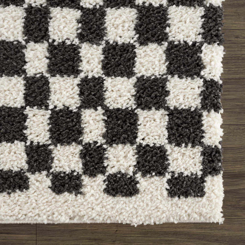 Close-up of the Kieu Black & White Checkered Shag Rug. Features a charcoal and off-white checkered pattern and shag texture. Swatch