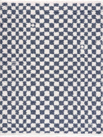 Close-up of the Kieu Blue & White Checkered Area Rug. Features a classic blue and white checkered pattern with a soft, shag texture. Design-Rectangle-5373