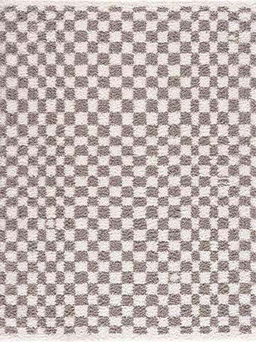 Close-up of the Kieu Taupe Checkered Plush Rug. Taupe and light gray squares create a soft, geometric checkerboard pattern. Design-Rectangle-537