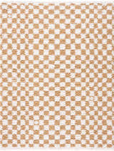 Close-up of the Kieu Mustard & Ivory Checkered Area Rug. Features a geometric checkerboard pattern in mustard yellow and ivory. Design-Rectangle-5373