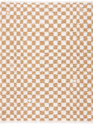 Close-up of the Kieu Mustard & Ivory Checkered Area Rug. Features a geometric checkerboard pattern in mustard yellow and ivory. Design-Rectangle-5373