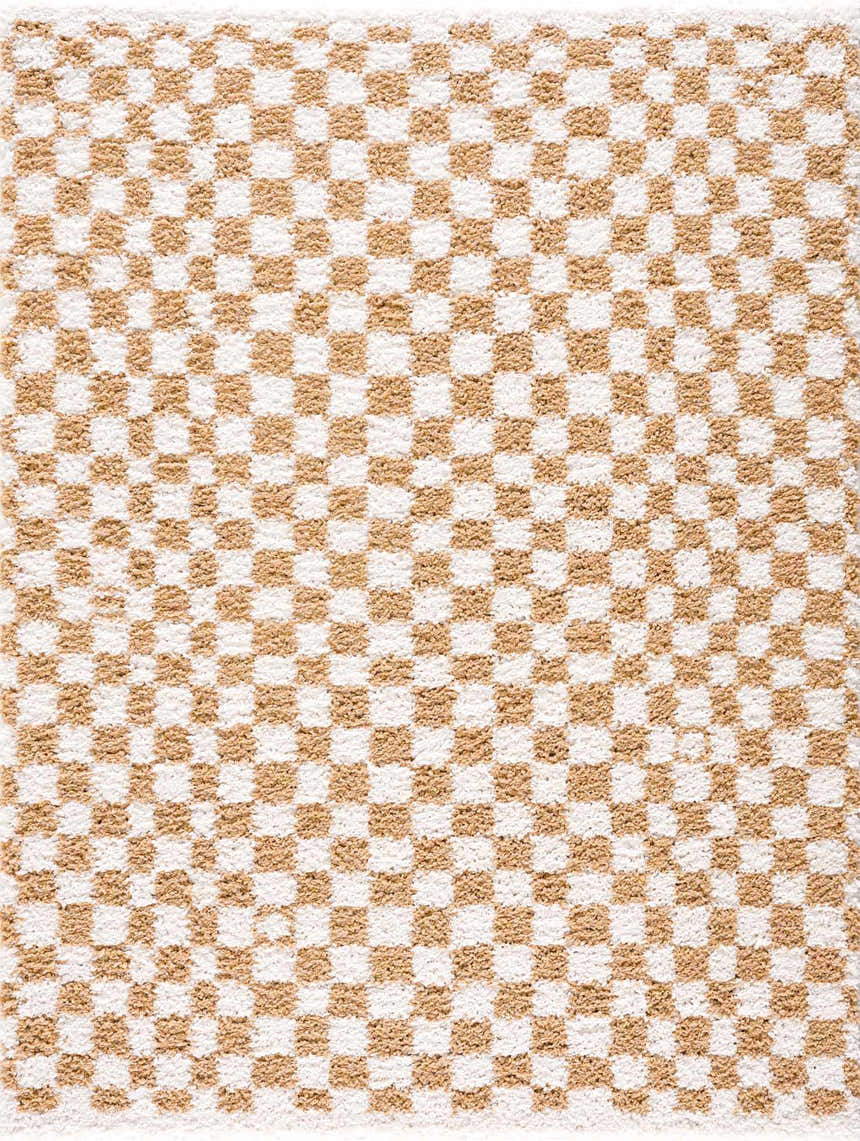 Close-up of the Kieu Mustard & Ivory Checkered Area Rug. Features a geometric checkerboard pattern in mustard yellow and ivory. Design-Rectangle-5373
