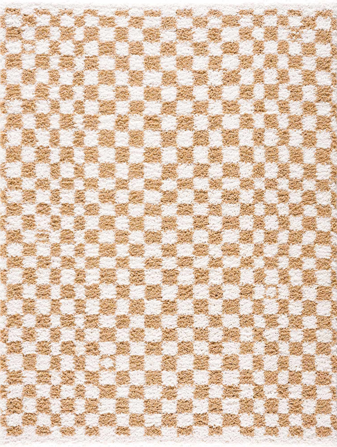 Close-up of the Kieu Mustard & Ivory Checkered Area Rug. Features a geometric checkerboard pattern in mustard yellow and ivory. Design-Rectangle-5373