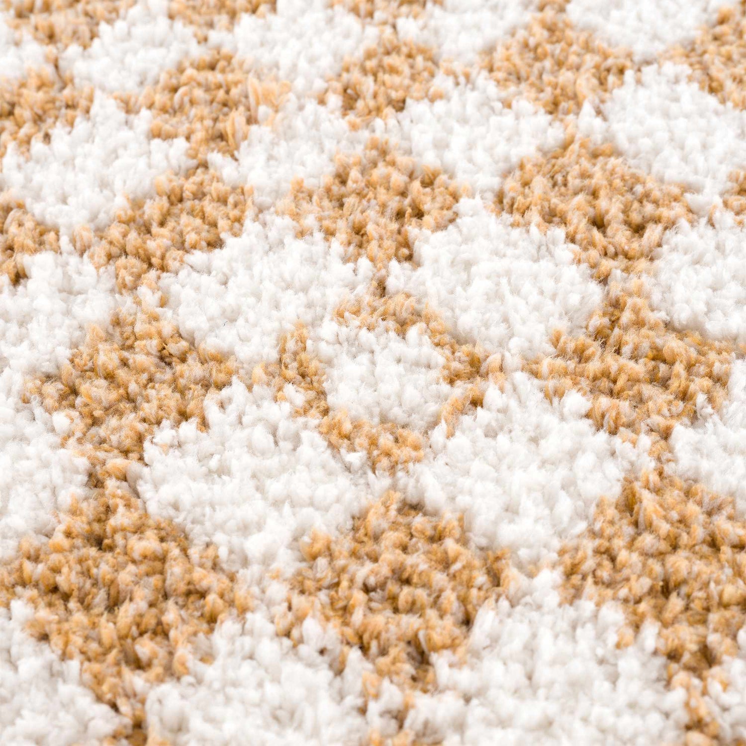 Close-up of the plush Kieu Mustard & Ivory Checkered Area Rug, showing the shag texture and geometric checkered pattern. Texture