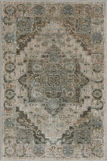Close-up of the Tadian Thick Luxe Boutique Rug. Features an oriental pattern in charcoal, taupe, and light beige tones. Design-Rectangle-23