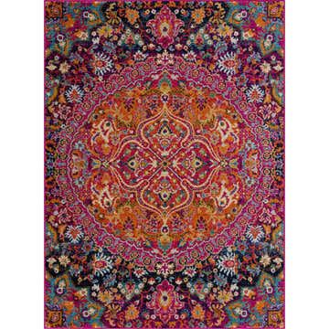 Detailed view of the Harput Lively Colors Rug, a traditional rug in burgundy, orange, and navy with a floral medallion pattern. Design-Rectangle