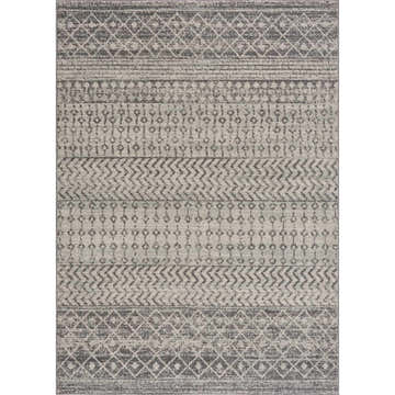 Close-up of New Harput Area Rug. Gray, light gray, and white geometric patterns. Machine woven polypropylene rug. Design-Rectangle