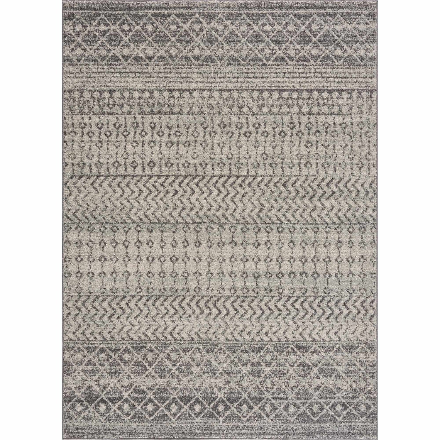 Close-up of New Harput Area Rug. Gray, light gray, and white geometric patterns. Machine woven polypropylene rug. Design-Rectangle