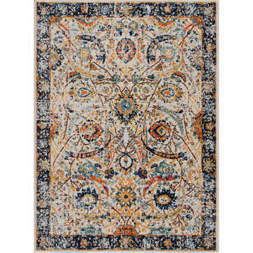 Detailed New Smyrna Area Rug - Clearance with traditional floral pattern in navy, orange, teal, and mustard. Design-Rectangle