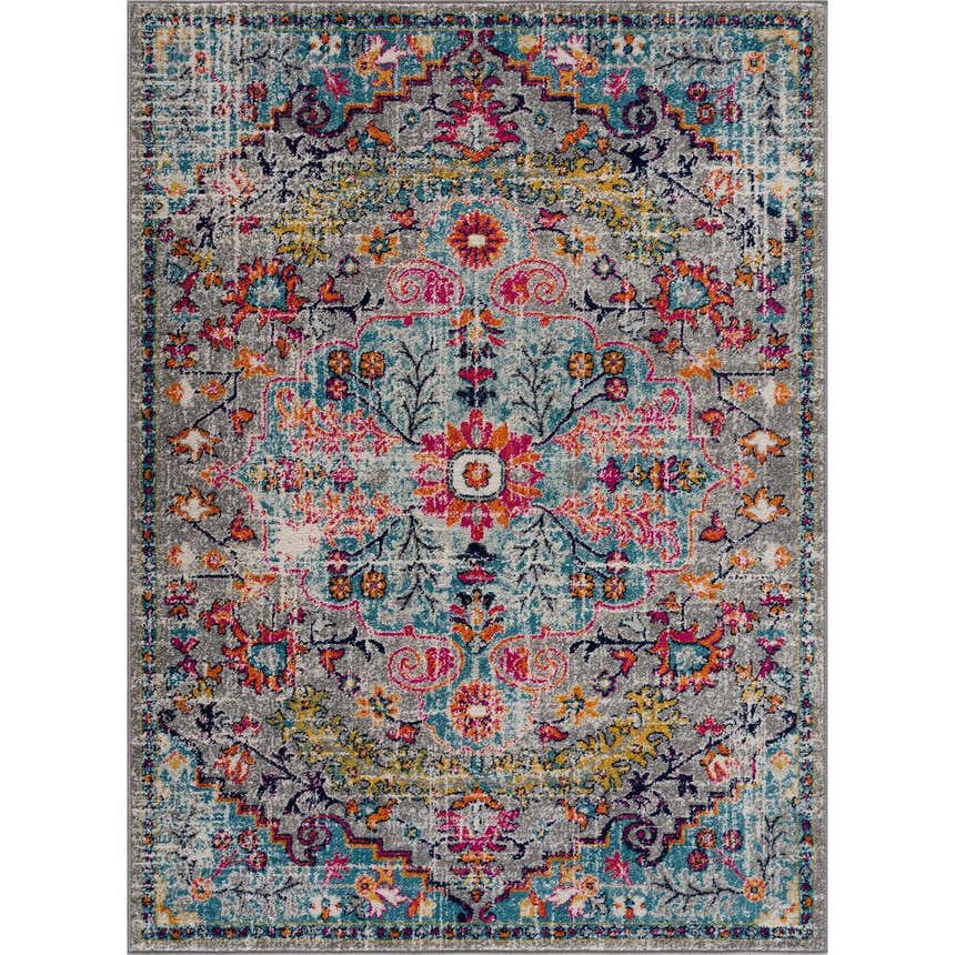 Close-up of a New Delanson Area Rug. Floral, farmhouse style with gray, teal, pink, and orange colors. Machine woven. Design-Rectangle-23