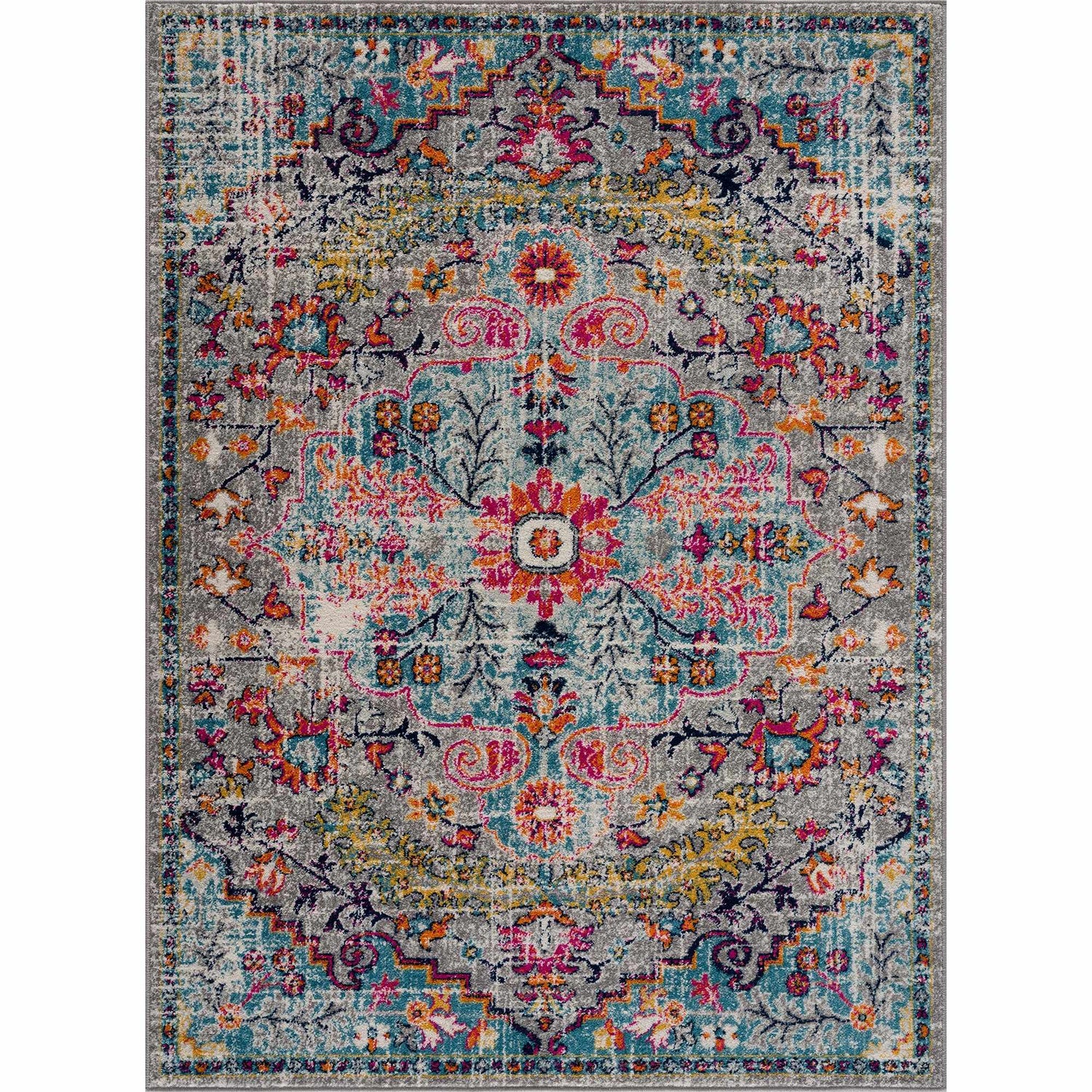 Close-up of a New Delanson Area Rug. Floral, farmhouse style with gray, teal, pink, and orange colors. Machine woven. Design-Rectangle-23