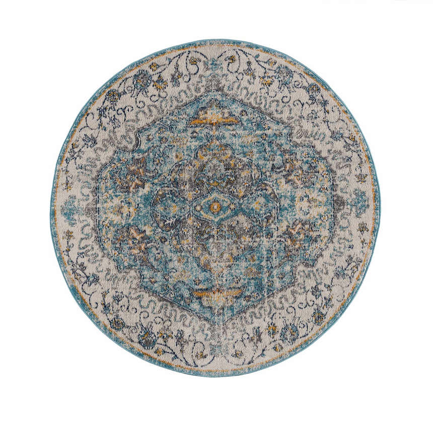 Close-up of the round Tigrit Blue 2301 area rug. Features a traditional bohemian design in blue, ivory, and turquoise tones. Design-Round