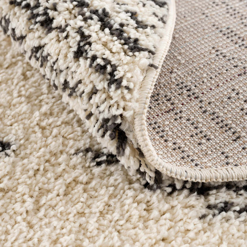 Close-up of a bone and dark gray Howth Area Rug showing its shag texture and machine woven construction. Fold