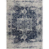 Close-up of the New Limestone Area Rug. Machine-woven rug in medium gray and navy with a traditional, distressed pattern. Design-Rectangle