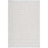 Close-up of the Ivory Beil 3D Fringe Area Rug. Features a geometric trellis pattern and fringe, in shades of ivory and white. Design-Rectangle