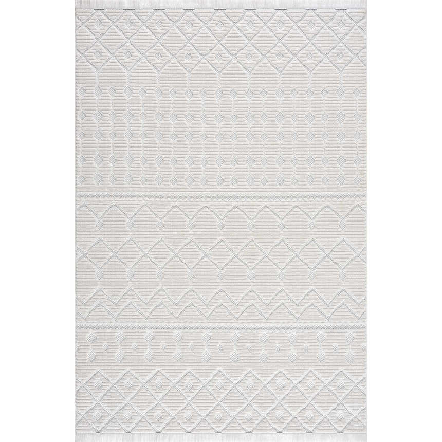 Close-up of the Ivory Beil 3D Fringe Area Rug. Features a geometric trellis pattern and fringe, in shades of ivory and white. Design-Rectangle