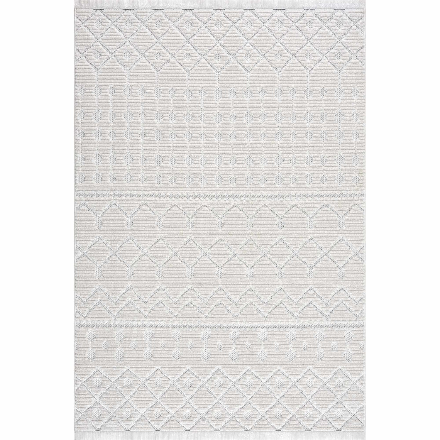 Close-up of the Ivory Beil 3D Fringe Area Rug. Features a geometric trellis pattern and fringe, in shades of ivory and white. Design-Rectangle