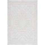 Close-up of the Ivory Alya rug, featuring a geometric medallion pattern and subtle 3D texture. Fringe detail at the top. Design-Rectangle