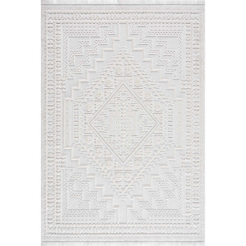 Close-up of the Ivory Alya rug, featuring a geometric medallion pattern and subtle 3D texture. Fringe detail at the top. Design-Rectangle