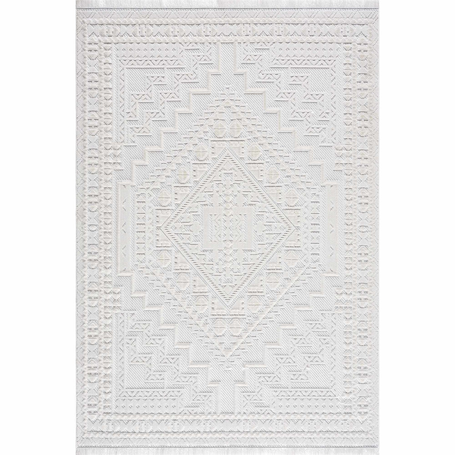 Close-up of the Ivory Alya rug, featuring a geometric medallion pattern and subtle 3D texture. Fringe detail at the top. Design-Rectangle
