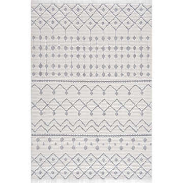 Close-up of the Ivory Gray Beil Textured Trellis Fringe Area Rug, featuring a geometric Moroccan design and soft fringe. Design-Rectangle
