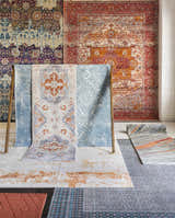 Display of Bohemian, Oriental, and Traditional style rugs including the Omega Area Rug in light beige, gray, peach, and teal. Styleshot