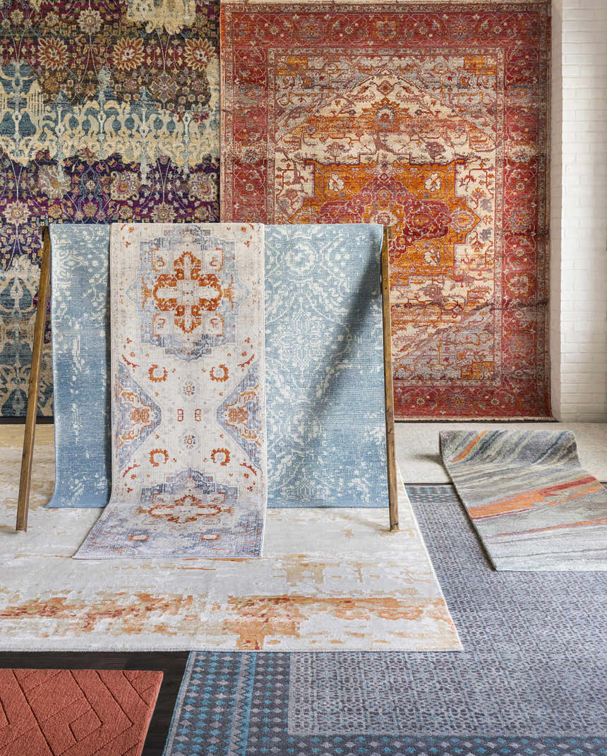 Display of Bohemian, Oriental, and Traditional style rugs including the Omega Area Rug in light beige, gray, peach, and teal. Styleshot
