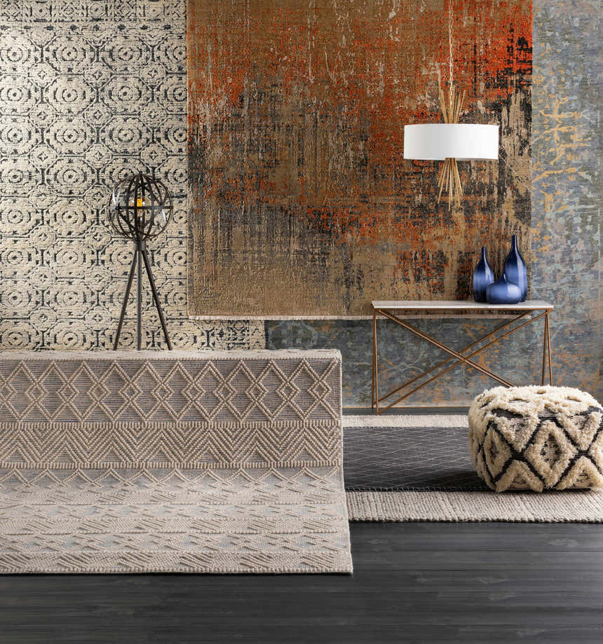 Styled rug display with Brimbank Premium Rug featuring geometric patterns and neutral tones. Styleshot