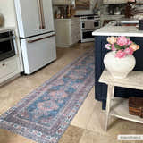 Farmhouse kitchen with a Baltinglass Rust & Blue Washable Area Rug runner on beige tile, adding a pop of color to the space. Roomscene-Runner