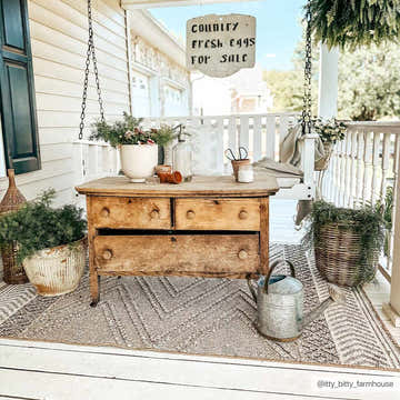 Farmhouse porch scene with a Beige Areli Area Rug, wooden dresser, plants, and swing. Roomscene-Rectangle