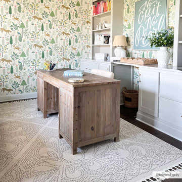 Home office with wood desk on light gray Birdwood Area Rug. Whimsical animal print wallpaper. Roomscene-Rectangle