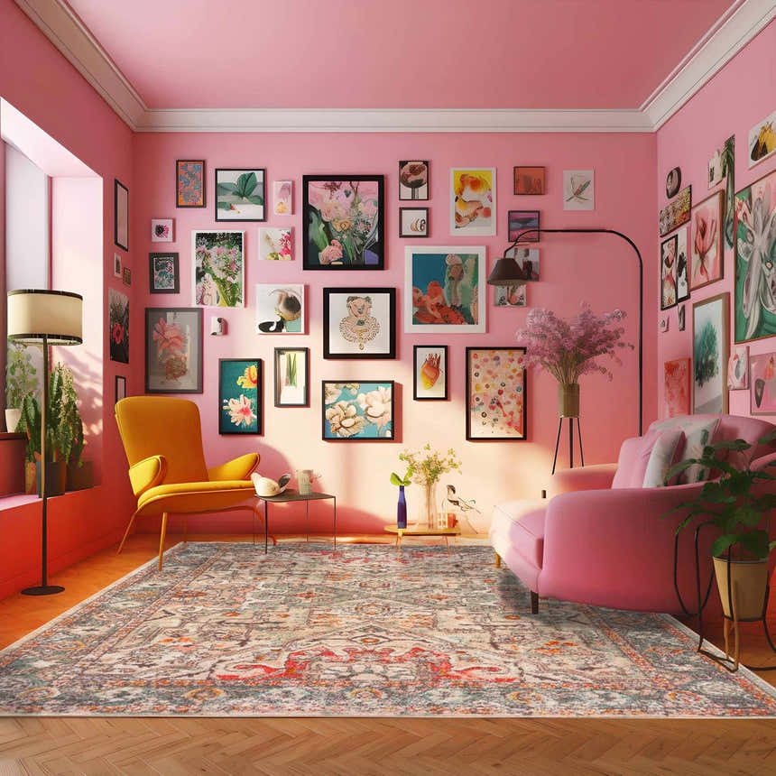 Pink living room with a yellow chair and pink sofa featuring the Bolinas Area Rug. Roomscene-Rectangle