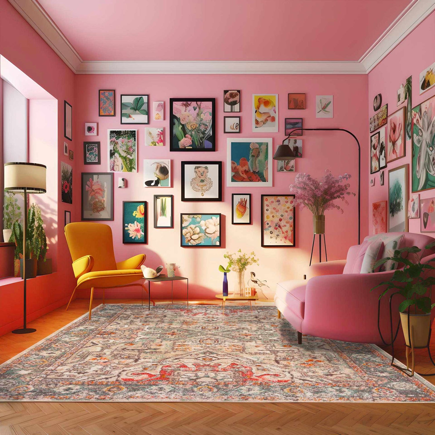 Pink living room with a yellow chair and pink sofa featuring the Bolinas Area Rug. Roomscene-Rectangle