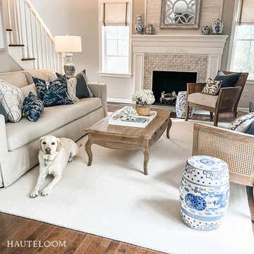 Living room scene with a light beige Brockton wool rug, sofa, wood coffee table, and a cute dog. Roomscene-Rectangle