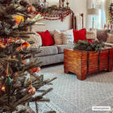 Festive living room with a Burdette Soft Neutral Rug, gray sofa, wood chest coffee table, and decorated Christmas tree. Roomscene-Rectangle