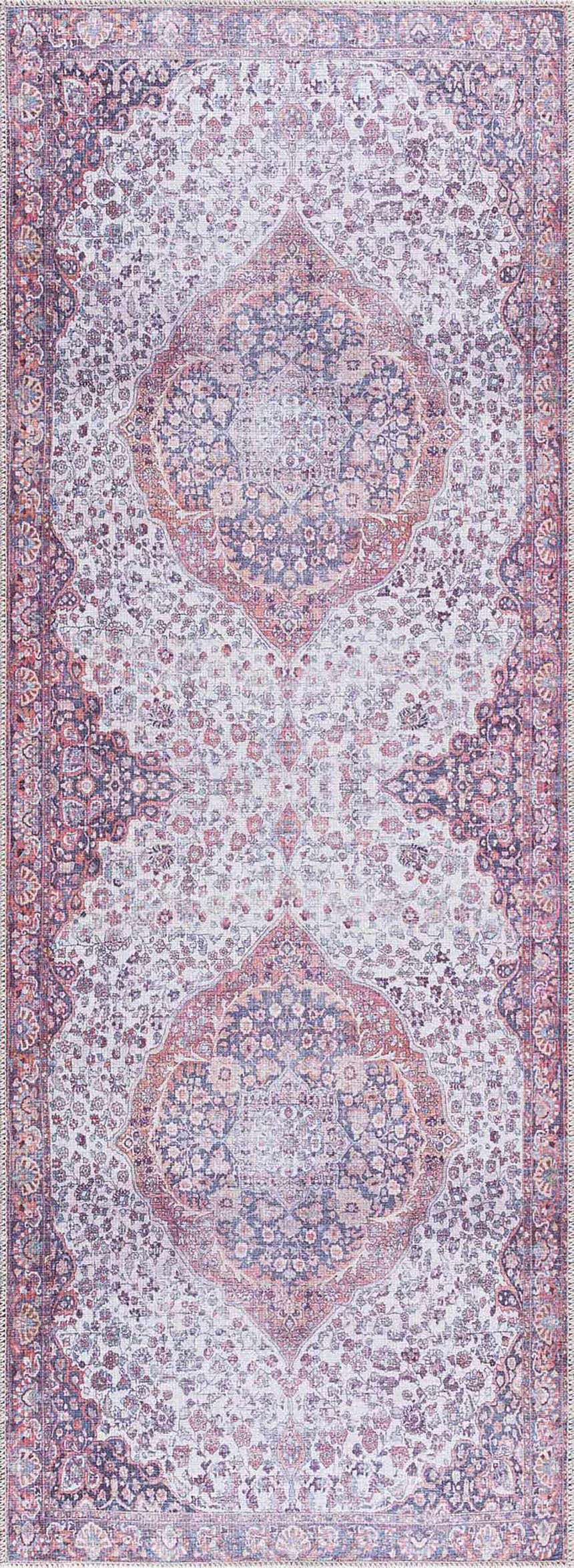 Close-up of the Red Cael Tumble Dry Washable Rug, featuring a vintage Persian design in red, navy, and off-white. Design-Runner-2773