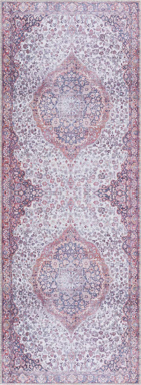 Close-up of the Red Cael Tumble Dry Washable Rug, featuring a vintage Persian design in red, navy, and off-white. Design-Runner-2773