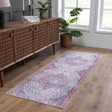 Hallway scene with a Red Cael Tumble Dry Washable Rug. Vintage style runner rug with red and blue oriental pattern. Roomscene-Runner