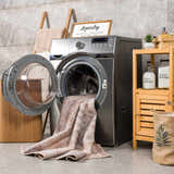 Laundry room scene with Analu Non-Slip Washable Rug partially inside the washing machine. Farmhouse style with wood accents. Washing-Machine