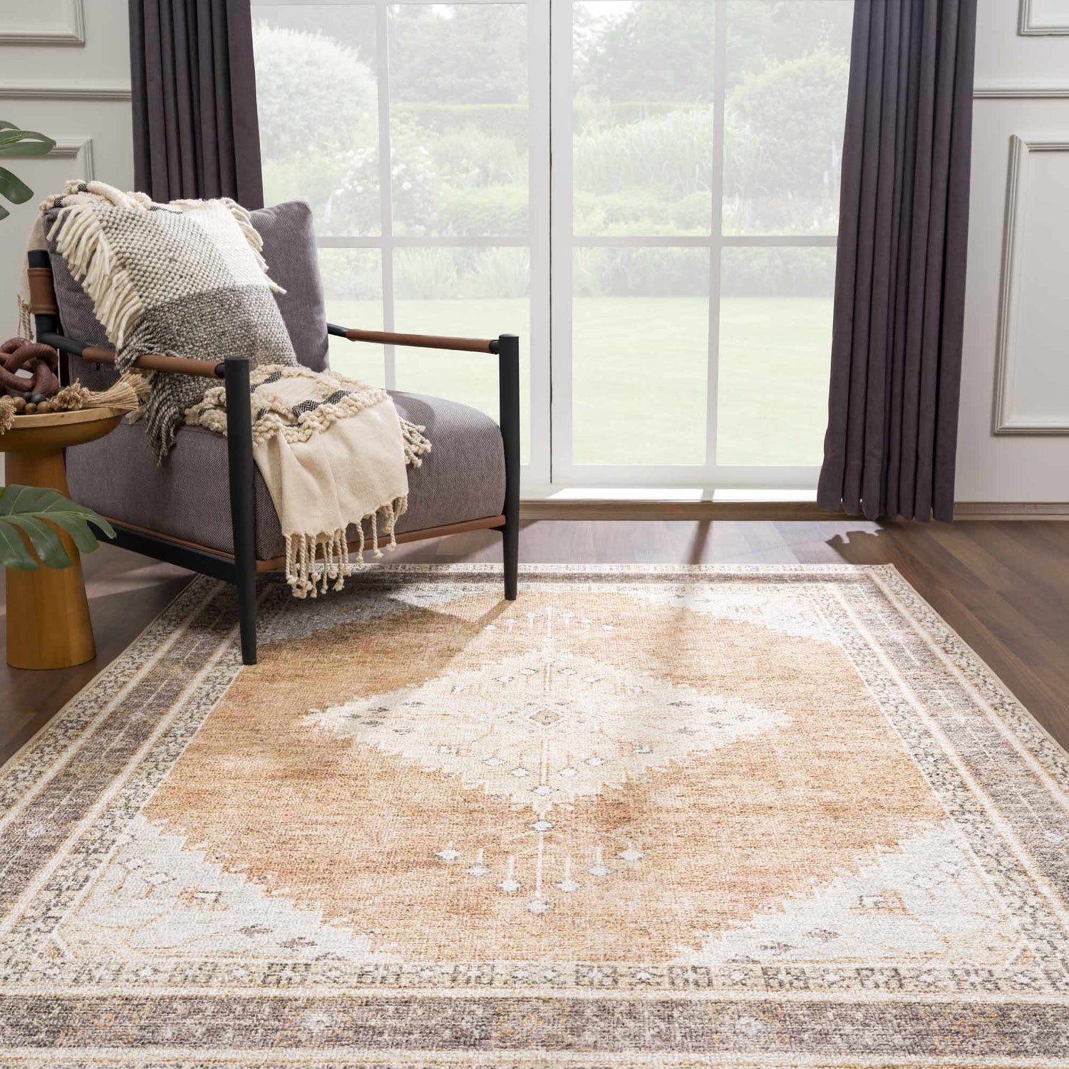 Living room scene with Albas Washable Area Rug in dark brown, light blue, and light brown; traditional vintage style. Roomscene-Rectangle