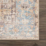 Close up of Beck Peach Washable Area Rug showing beige, blue, and brown traditional pattern and soft texture. Swatch