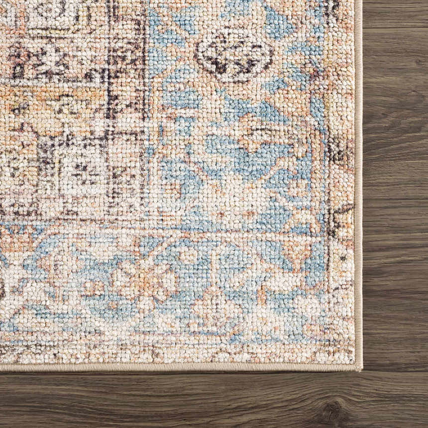 Close up of Beck Peach Washable Area Rug showing beige, blue, and brown traditional pattern and soft texture. Swatch