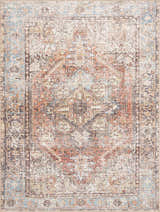 Close-up of the Beck Peach Washable Area Rug. Features a traditional oriental design in beige, blue, and bronze tones. Design-Rectangle-46