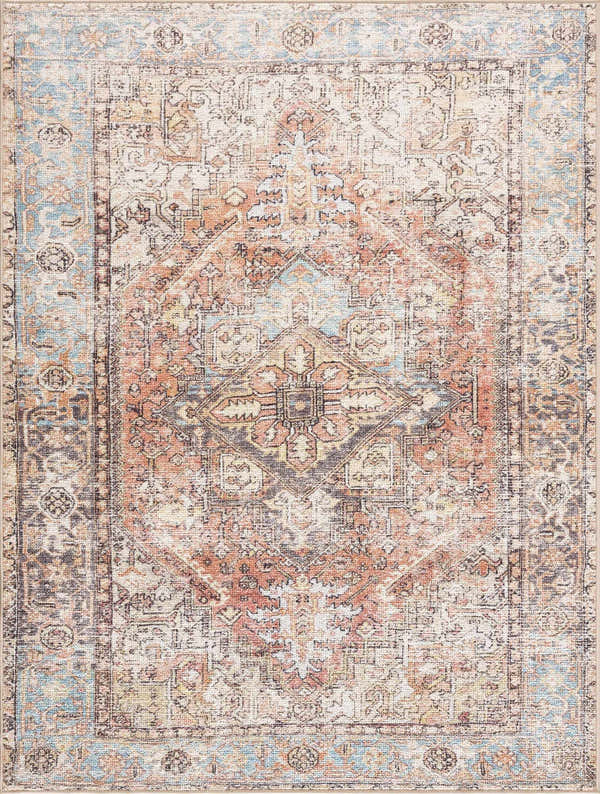 Close-up of the Beck Peach Washable Area Rug. Features a traditional oriental design in beige, blue, and bronze tones. Design-Rectangle-46