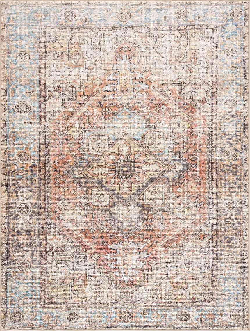 Close-up of the Beck Peach Washable Area Rug. Features a traditional oriental design in beige, blue, and bronze tones. Design-Rectangle-46