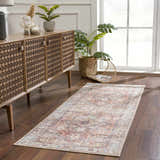 Entryway with wood floors and Beck Peach Washable Area Rug. Beige, blue, and brown tones. Farmhouse style. Roomscene-Runner