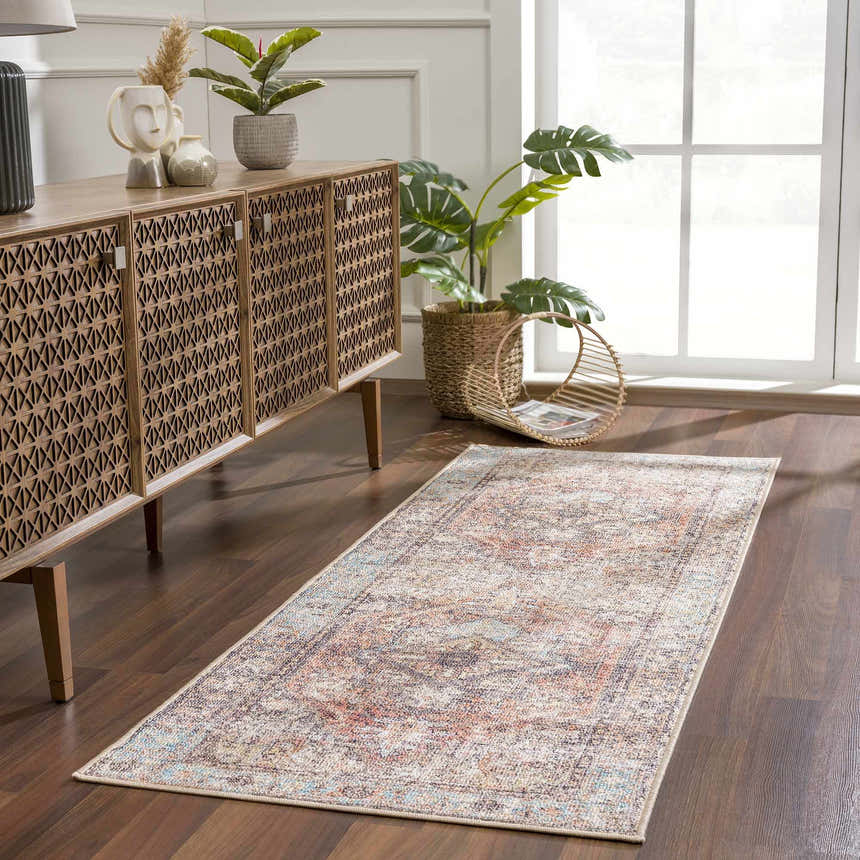 Entryway with wood floors and Beck Peach Washable Area Rug. Beige, blue, and brown tones. Farmhouse style. Roomscene-Runner