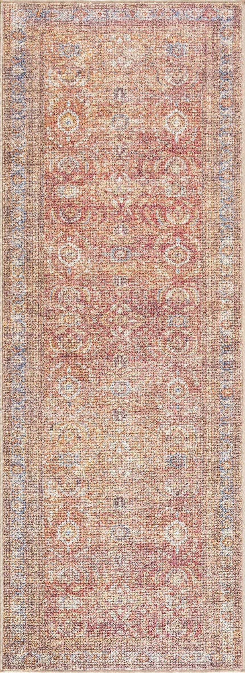 Close-up of the Anshu Peach Washable Area Rug, featuring a traditional vintage design with beige, blue, and burgundy tones. Design-Runner